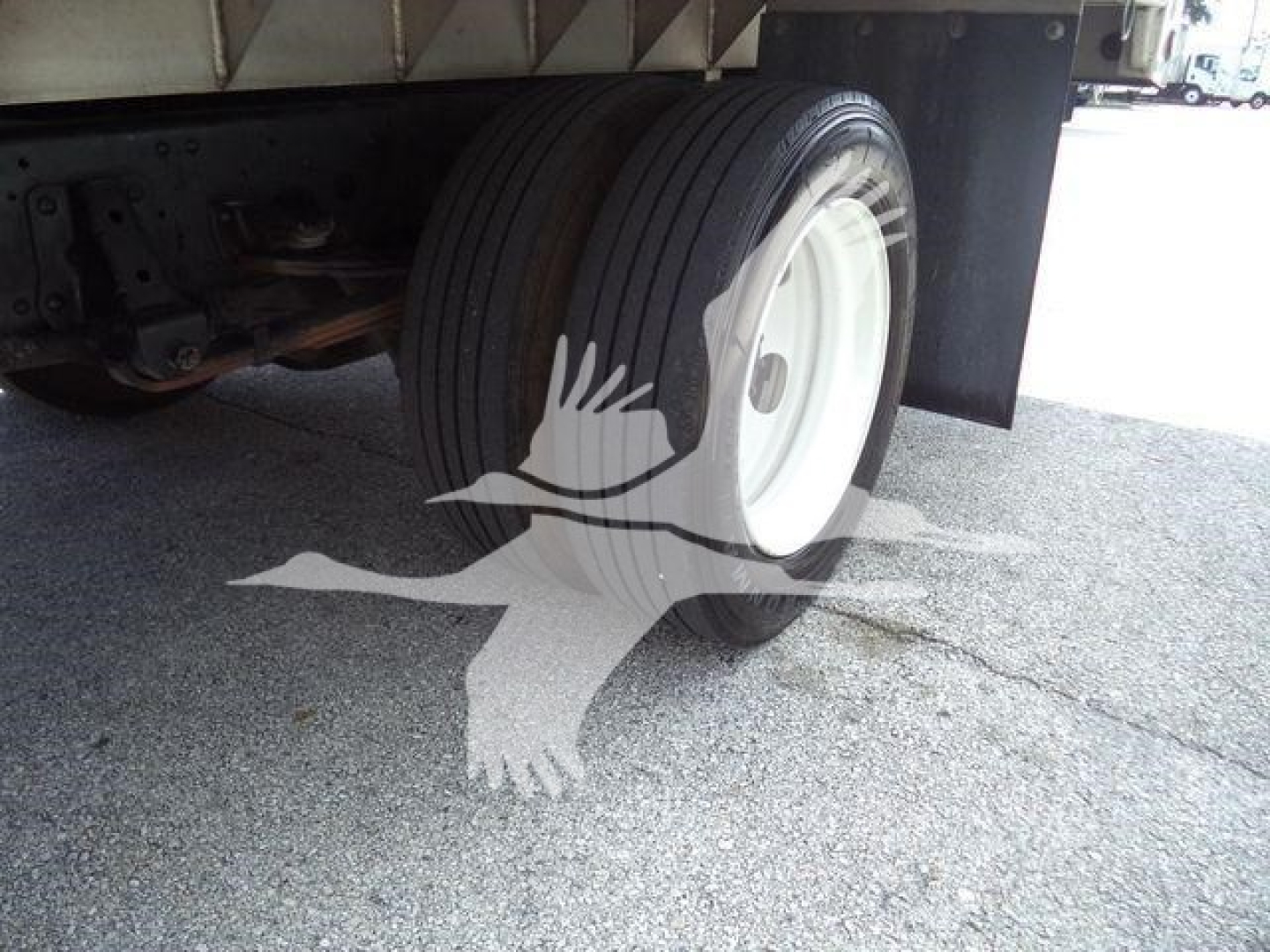 Isuzu NPR XD truck rear wheel and dual tires with white rims showing underbody and suspension.