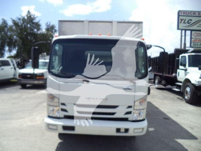 Isuzu NPR-XD truck front view showing grille and headlights.