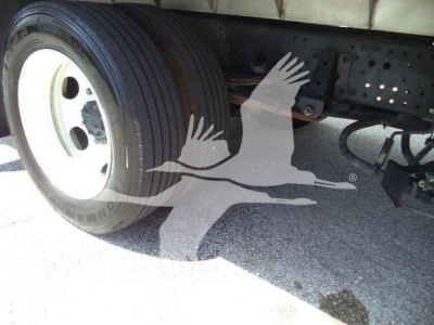 Isuzu NPR XD truck wheel and undercarriage view showing dual rear wheels and chassis with bolts and frame.