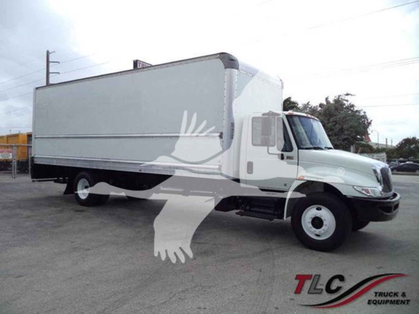 Truck image: 2019 International Durastar 4300 box truck with long cargo box, white cab and box, wheel rims, side step, and logo watermark.