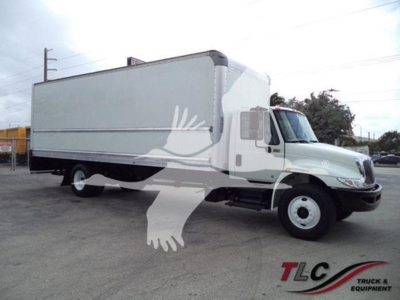 Truck image: 2019 International Durastar 4300 box truck with long cargo box, white cab and box, wheel rims, side step, and logo watermark.