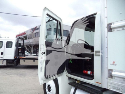 Box truck cab with open door showing interior, 2019 International Durastar 4300, side view, white exterior, dealership lot in background.