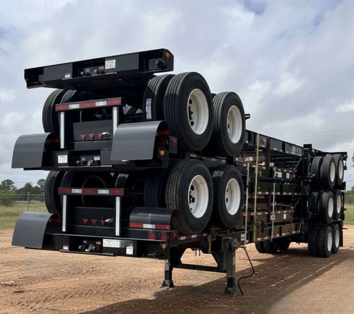 Chassis trailer with multiple axles and stacked wheels for intermodal container chassis, black and gray finish, outdoors.