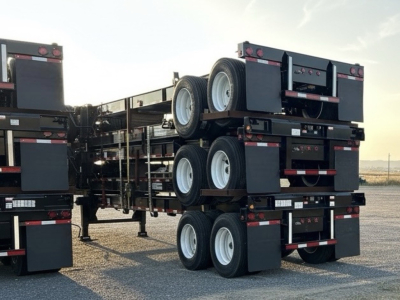 Trailer chassis with multiple axles stacked and spare tires; no legible labels visible.