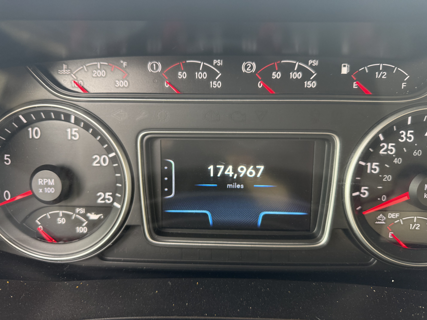 Instrument cluster of a 2019 International LT showing odometer reading 174,967 miles and multiple gauges including RPM, speedometer, fuel, and DEF/indicators.
