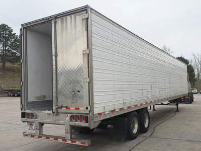 2017 Great Dane Everest SS reefer trailer rear and side view showing open rear doors and aluminum side panels.