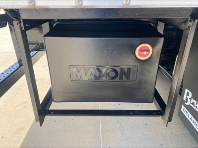 Box truck fuel/gas tank/refill reservoir with a red cap and Mayon/MAVON branded tank mounted under the truck bed.