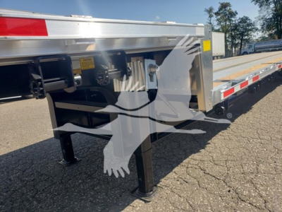 Trailer leg and frame of a 2024 Wabash Combo Low Pro 17.5 trailer showing landing legs and side rail with connectors.