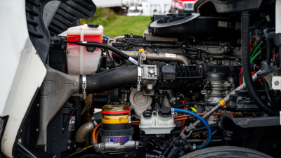 Truck engine bay of a 2016 Freightliner Cascadia 125 showing coolant reservoir, hoses, and engine components.