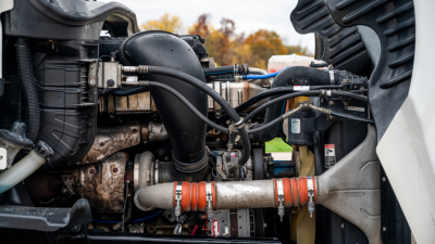 Engine bay of Freightliner Cascadia showing hoses, radiator, and exhaust components with orange clamps.
