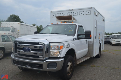 Ford F-350 Super Duty ambulance front-left view with large patient care module on chassis.