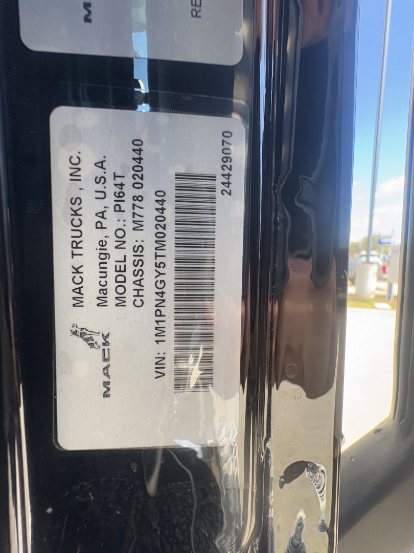 Mack Trucks label on a 2026 PI64T showing VIN 1M1PN4GY5TM020440 and stock number 71339.
