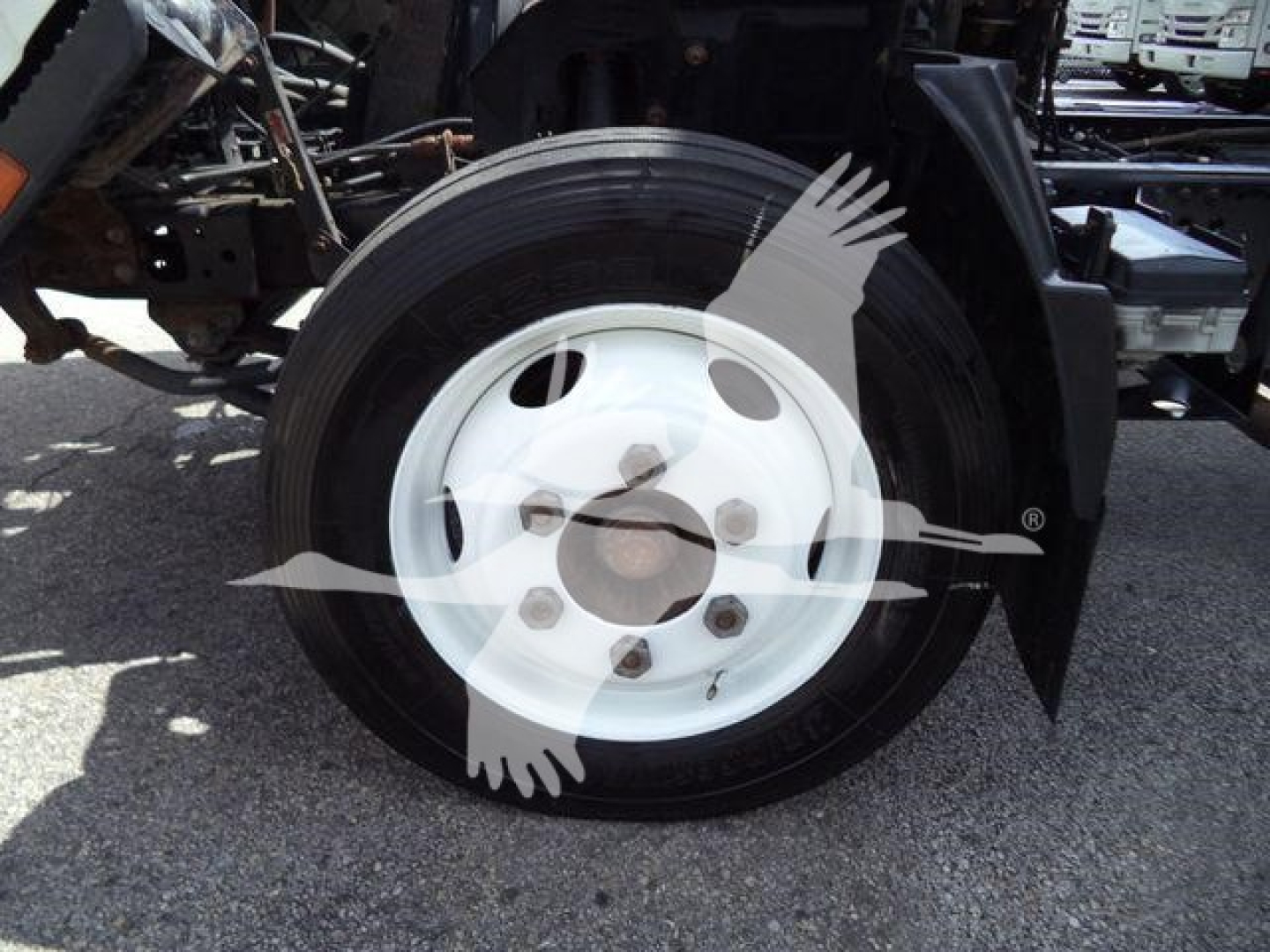 Isuzu NPR HD truck wheel and dual rear fender area with white steel wheel and tire, part of heavy-duty chassis