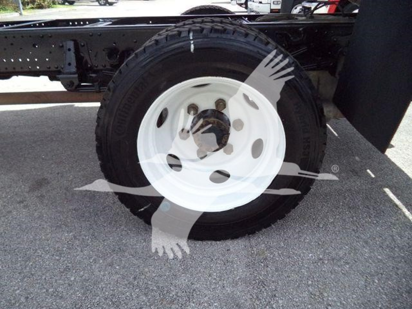 Isuzu NPR HD chassis showing a single white steel wheel and tire mounted on the rear side of the truck frame.