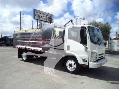 Isuzu NPR HD dump truck in a lot showing a metal dump bed and cab with side decals