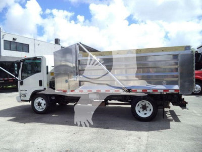 Isuzu NPR HD dump truck side view showing steel dump bed with reflective stripes and white wheels.