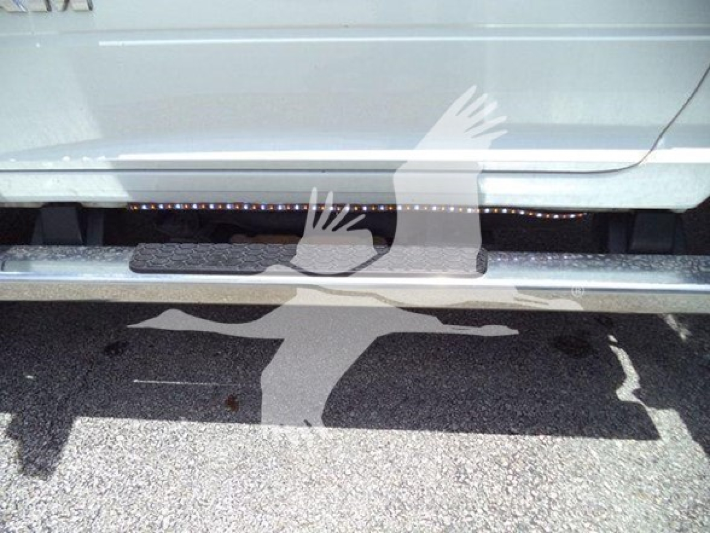 Ram truck side step and lower rocker panel with textured running board. Partial view of the vehicle door and reflection on ground.