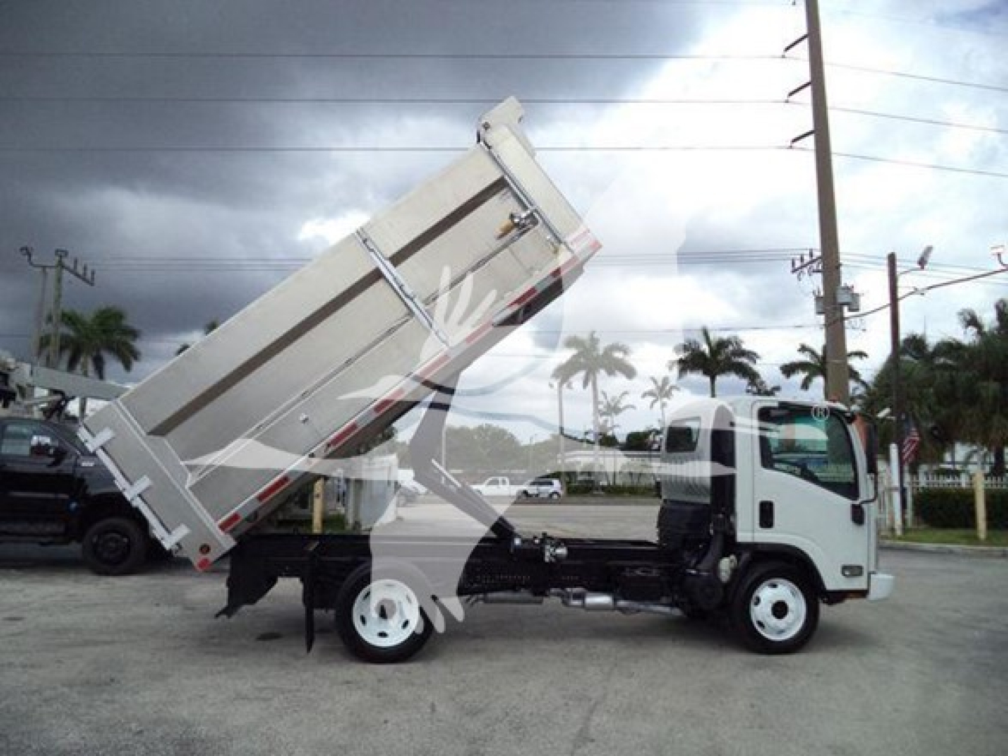 Truck with dump bed in raised position, white cab, grey dump body, side view showing hydraulic lifting mechanism and dual rear wheels.