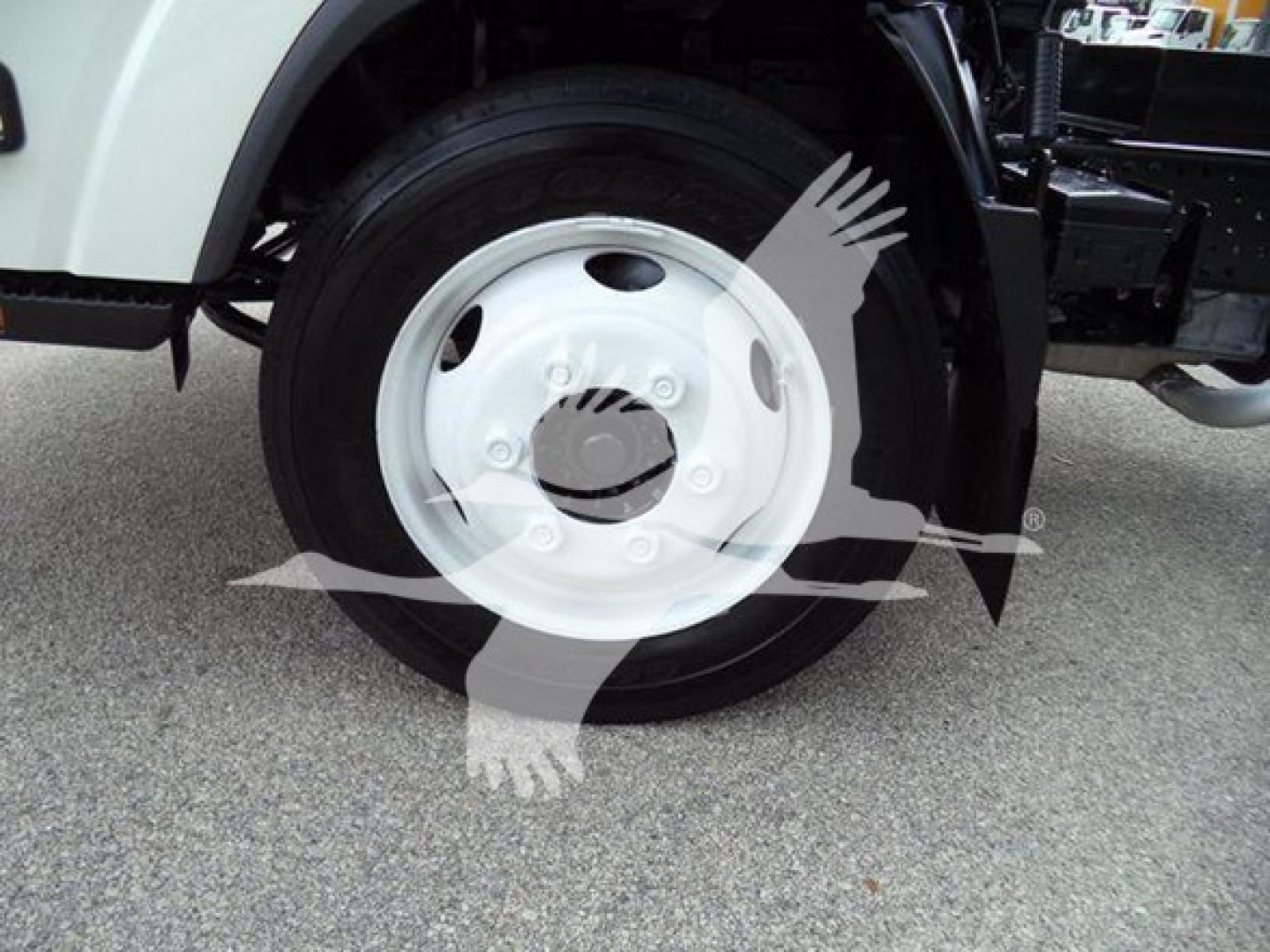 Wheel and front section of a 2017 Chevrolet W4500 dump truck showing white steel wheel with hub cover and part of the chassis.
