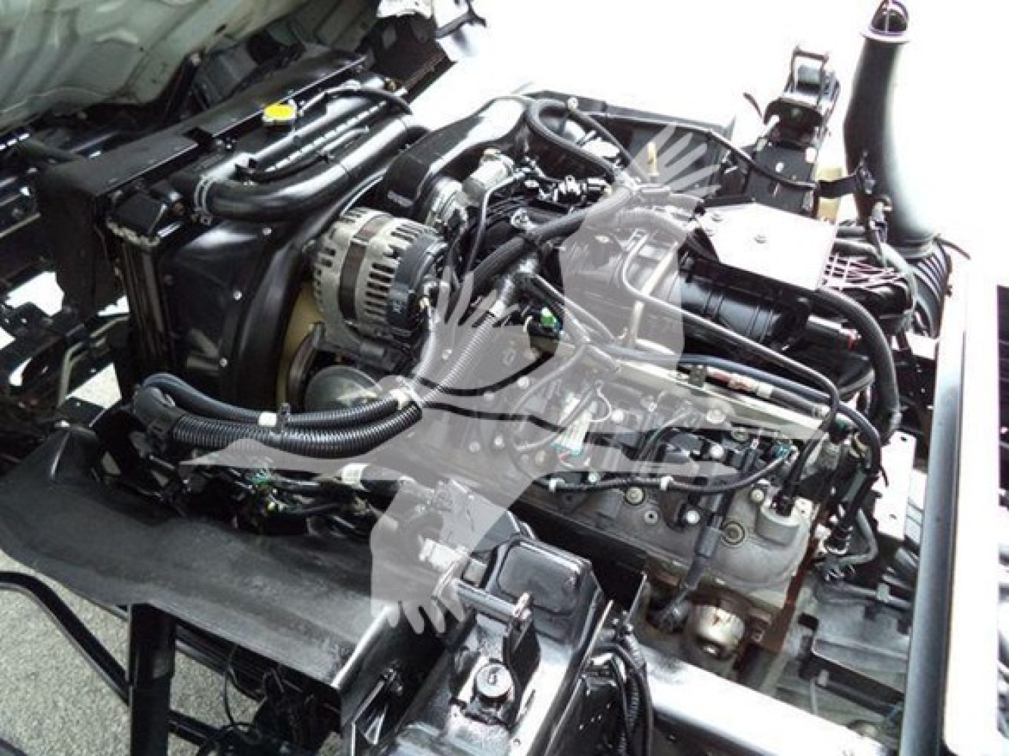 Chevrolet W4500 engine bay view showing diesel engine components and hoses.