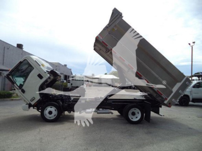 2017 Chevrolet W4500 dump truck in service mode with dump bed raised showing side view and front cab.
