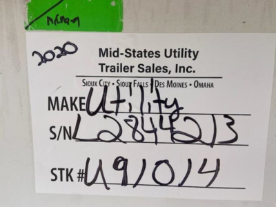 Trailer label reading 'Mid-States Utility Trailer Sales, Inc.' with VIN and stock number handwritten; S/N 284463?; STK # 149014?; 2020 written in top left; green tape; details include 'Make Utility' and location text Sioux City, Sioux Falls