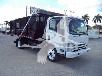 Isuzu NPR truck with roll-off dump body in-service showing front and driver side view