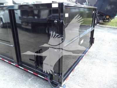 Isuzu NPRR roll-off truck dump body side view showing black metal cargo container with latch hinges and reflective logo