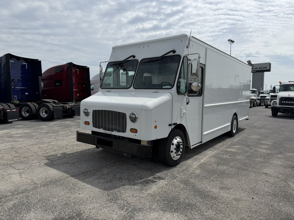 White Harbinger S655 step van front-left view with cab and box, no visible branding text.