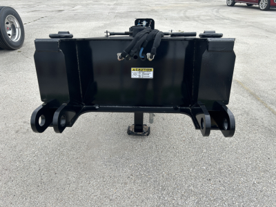 Load King SB141/2-43 gooseneck trailer hitch component shown from rear, with black steel frame, coupler wires, and mounting hooks visible.