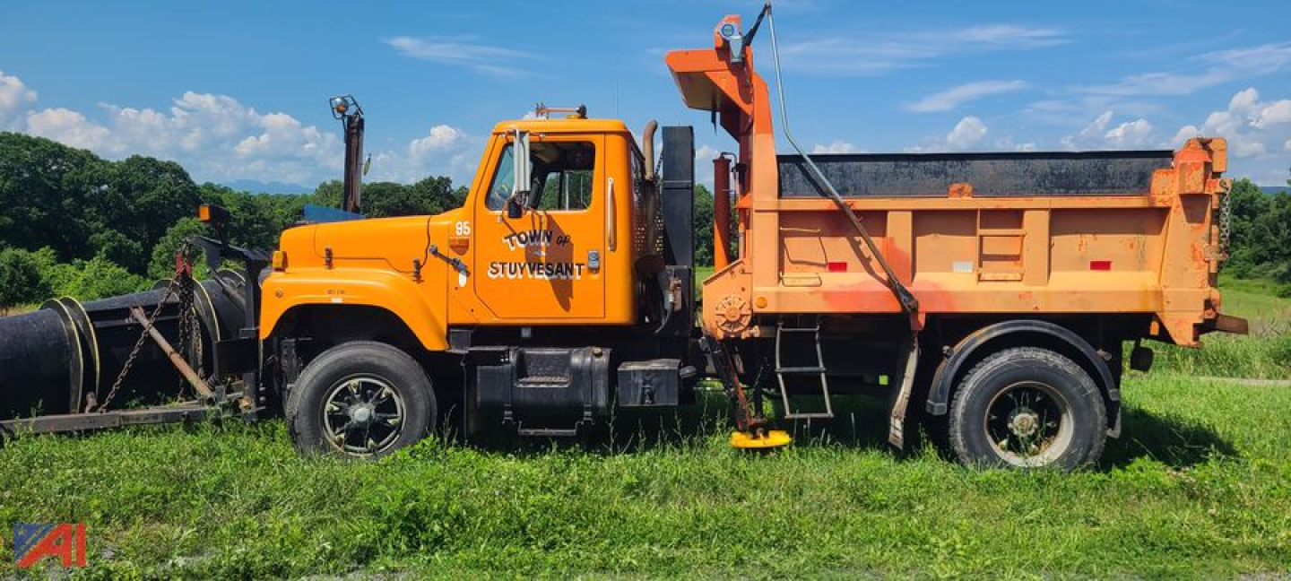 Orange International 2574 dump truck with plow and wing, side view, in grassy lot.