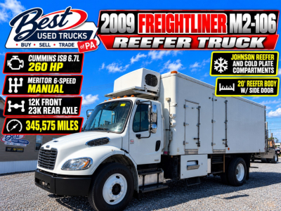 2009 Freightliner M2 106 refrigerated truck showing Cummins ISB 6.7L 260 HP spec, manual Meritor 6-speed, 12K front/23K rear axle, 345,575 miles, diesel cab chassis.