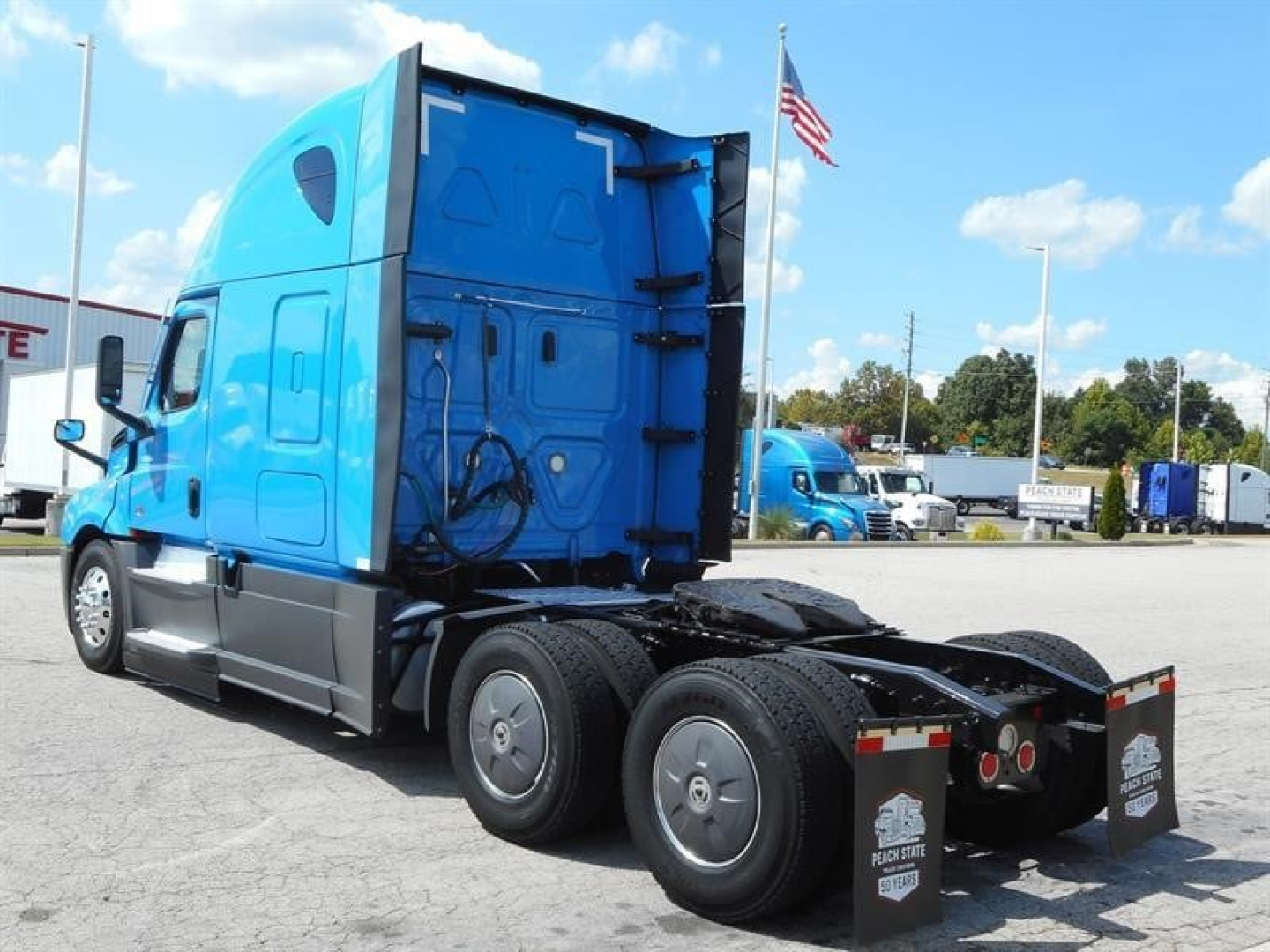Freightliner Cascadia 126 truck tractor in blue, side and rear cab view with fifth wheel and dual rear axles visible.