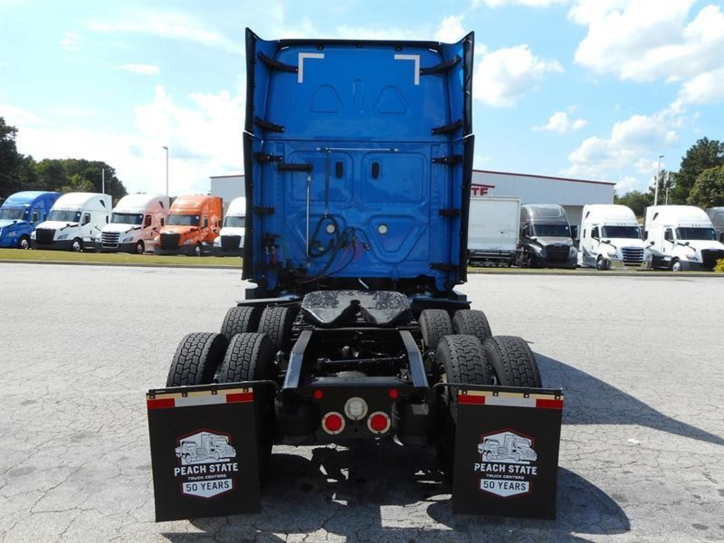 Rear view of a blue Freightliner tractor cab with sleeper configuration, showing dual rear axles and mudflaps branded with Peach State logo.