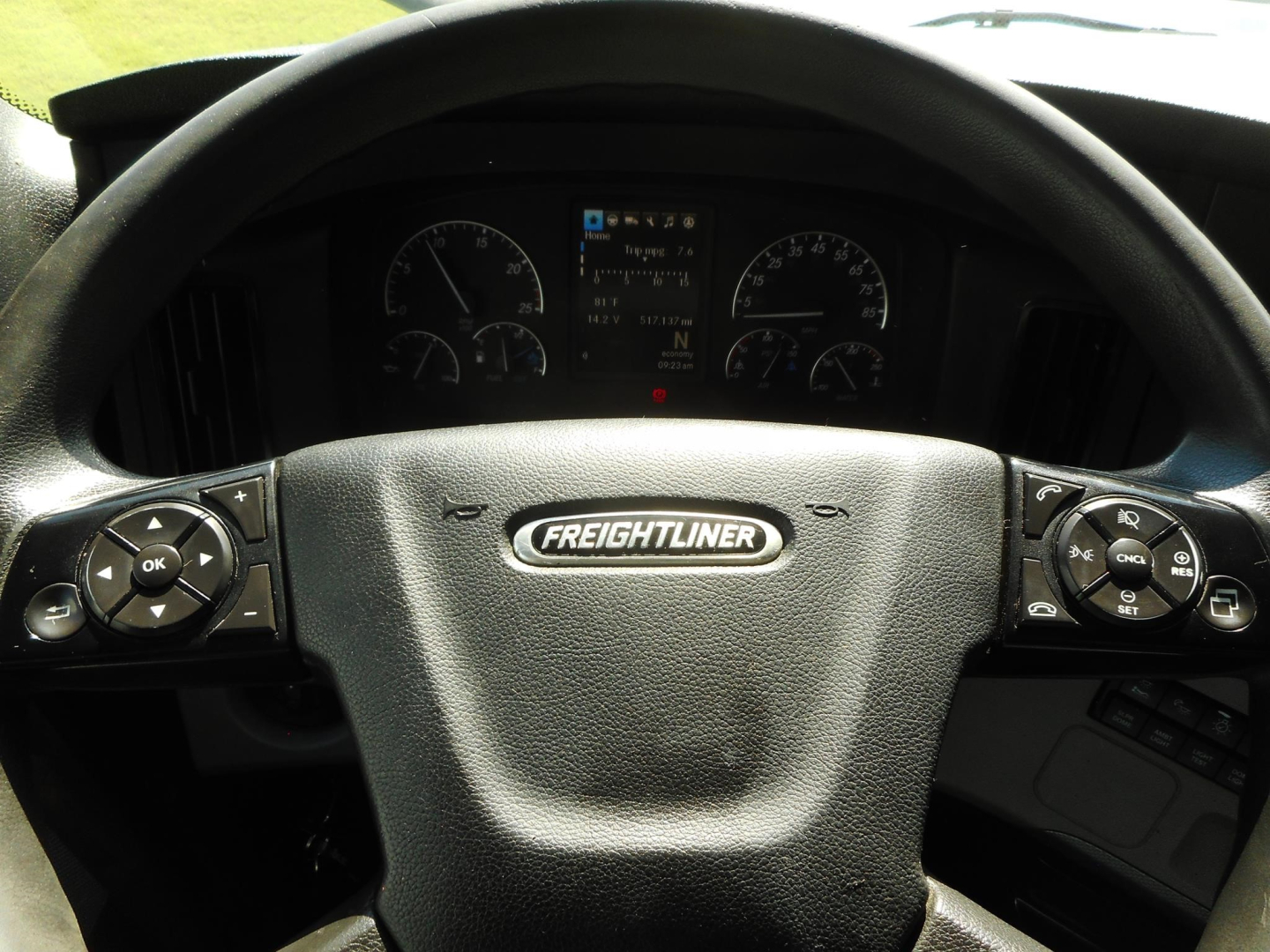 Cabin view of a Freightliner Cascadia steering wheel with instrument cluster and controls on both sides, center badge reads Freightliner.
