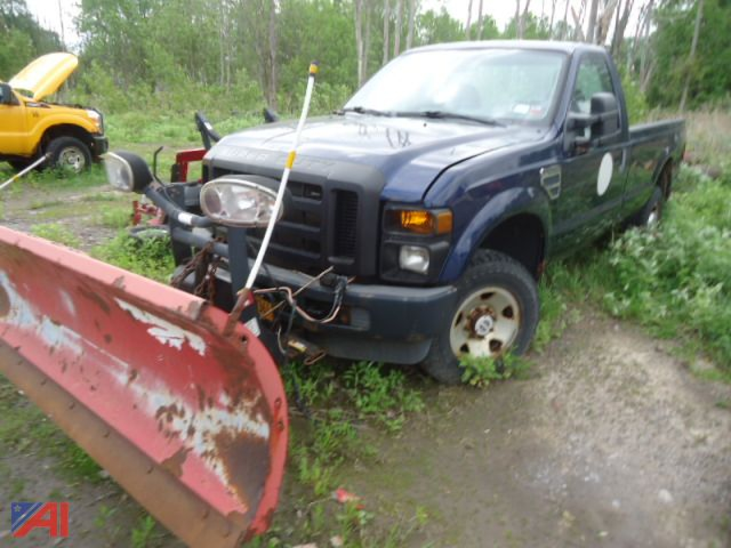 Ford F-250 Super Duty pickup with snow plow attachment in front, blue body, white circular decal on door, 4x4, plow resting on a grassy area.