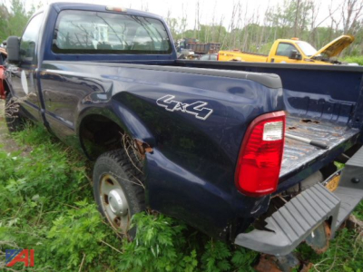 Ford F-250 Super Duty pickup bed view with 4x4 badge, tail light visible, remote plow mounting area in rear, overgrown grass around wheel.