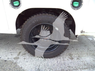 Truck wheel well with tire and green fuel caps visible; watermark overlay shows hands and bird.