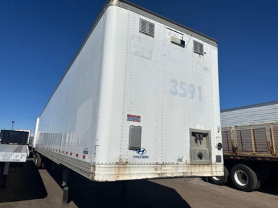 Hyundai 53' dry van trailer rear view with number 3591 and small access door, undercarriage and wheels visible.