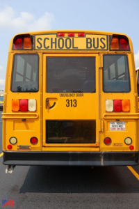Rear view of a yellow 2014 Freightliner Thomas Saf-T-Liner school bus showing emergency door and bus numbers 313.