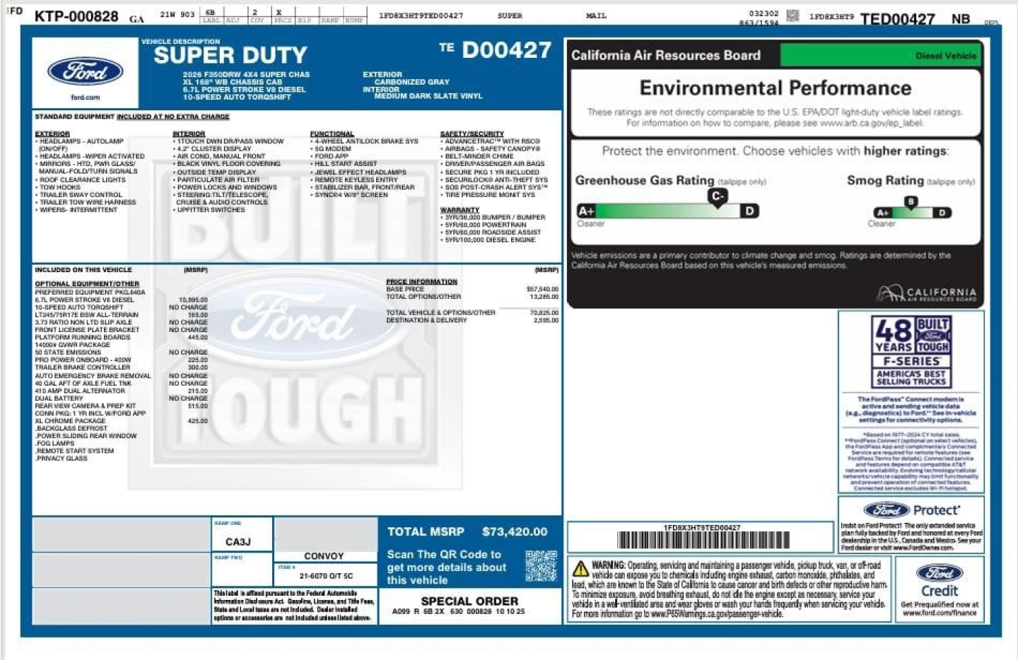 Ford F-350 Super Duty window sticker showing MSRP details, environmental performance label, and fuel economy rating. Includes VIN/stock numbers and Mercury blue background.