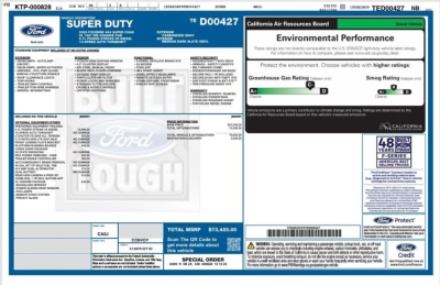 Ford F-350 Super Duty window sticker showing MSRP details, environmental performance label, and fuel economy rating. Includes VIN/stock numbers and Mercury blue background.