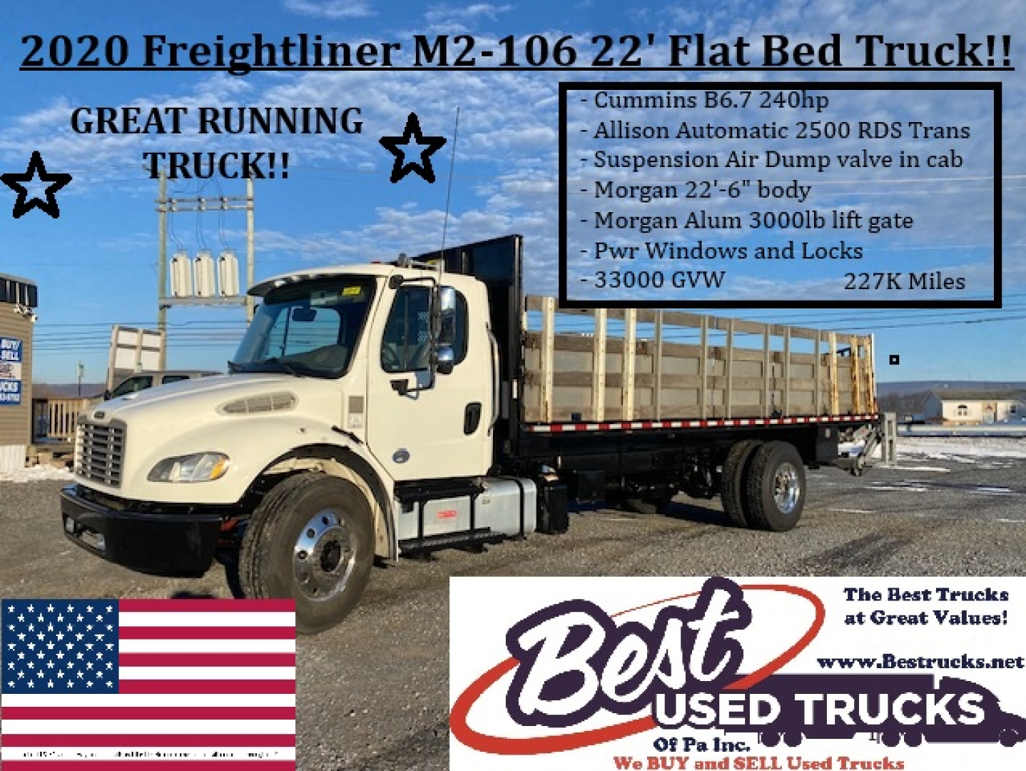 Truck image: 2020 Freightliner M2-106 22' Flat Bed Truck with Cummins B6.7 240hp engine, Allison automatic, 2500 RDS trans, Morgan 22' 6" body, aluminum 3000lb lift gate, power windows/locks, 33000 GVW, 227K miles; Best Used Trucks branding