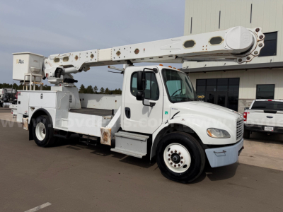 Truck-mounted bucket lift on a white Freightliner chassis with Altec AM55 boom.