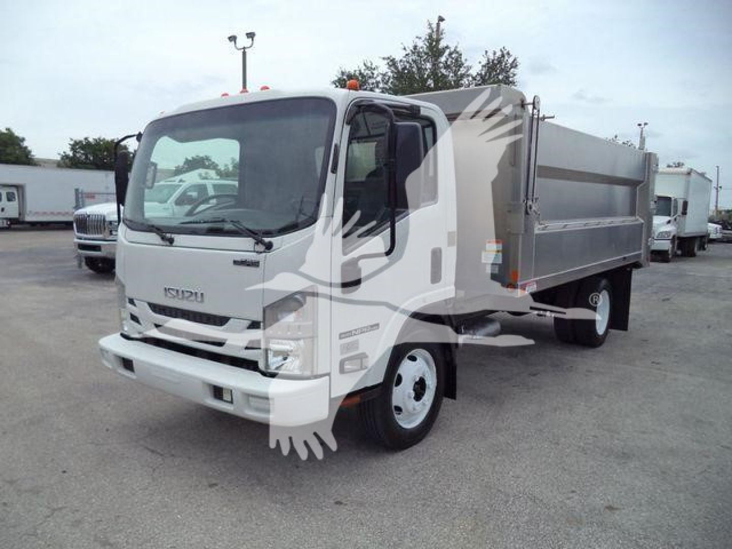 Isuzu NPR-HD dump truck in a dealership lot, cab front angled view showing Isuzu badge and headlights, dump bed with side panels.