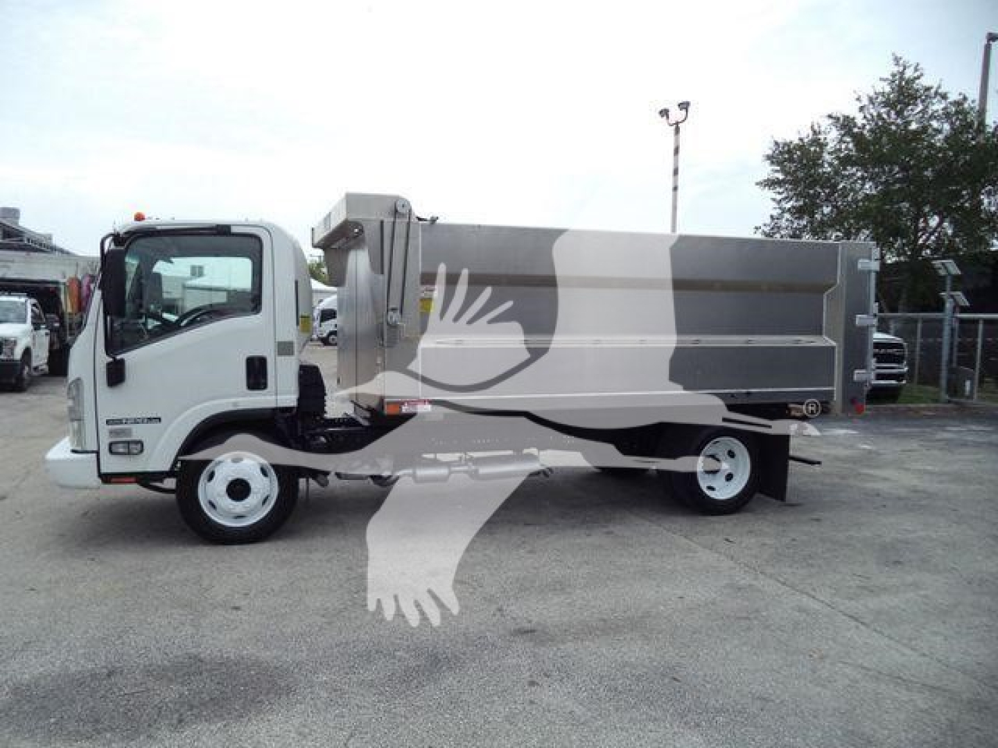 Isuzu NPR HD dump truck side view showing large gray dump body and white cab.