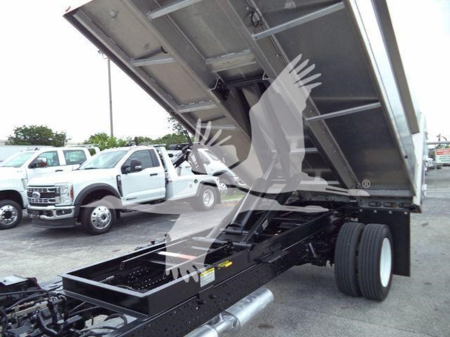 Isuzu NPR-HD dump truck rear with raised bed showing chassis and fuel tank area, side view of the dump body and wheel
