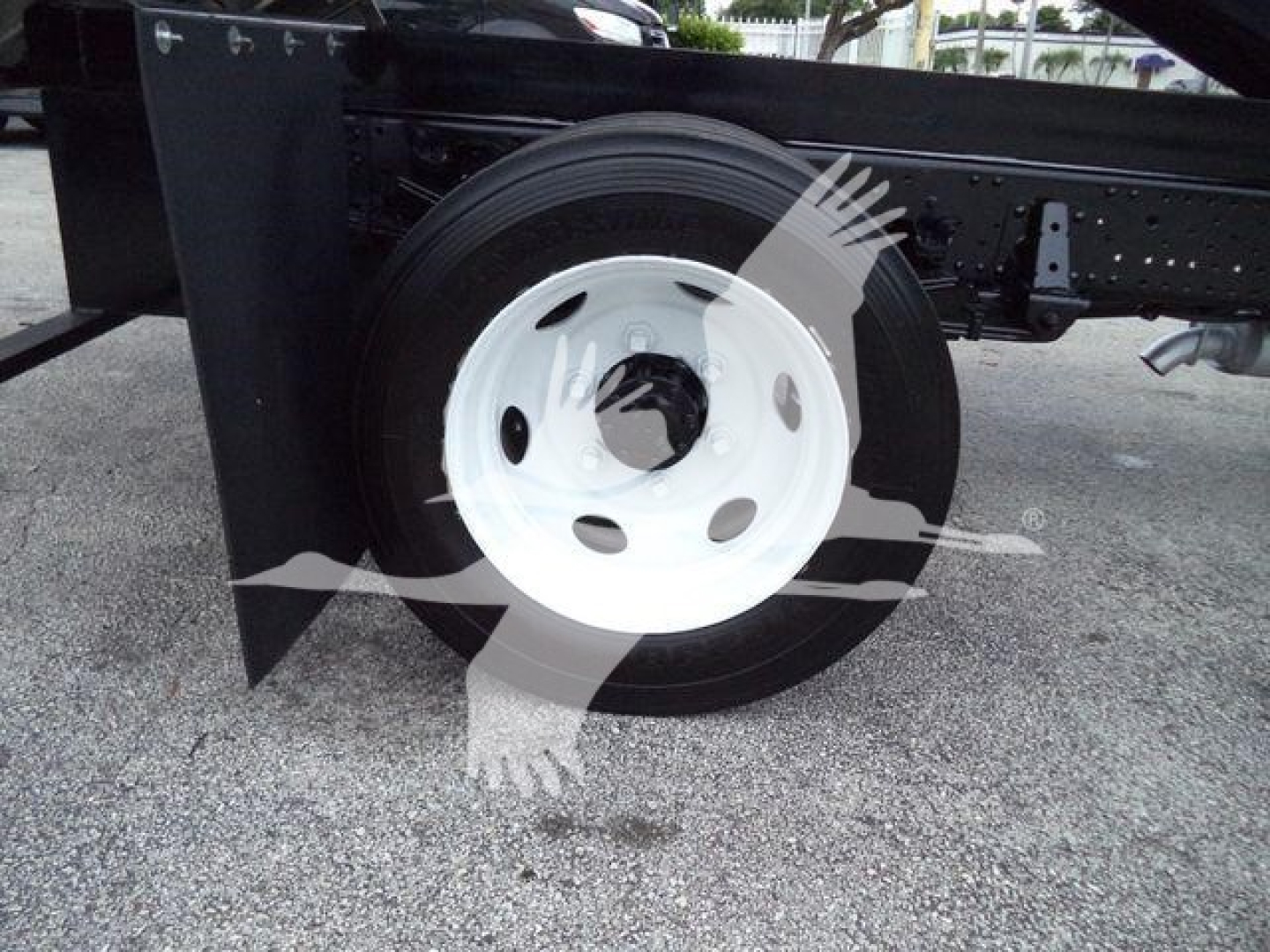 Isuzu NPR-HD truck chassis showing white steel wheel and tire, undercarriage and frame rail with leaf spring mounting