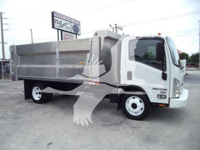 Isuzu NPR-HD truck with a silver dump bed and white cab in a dealership lot.
