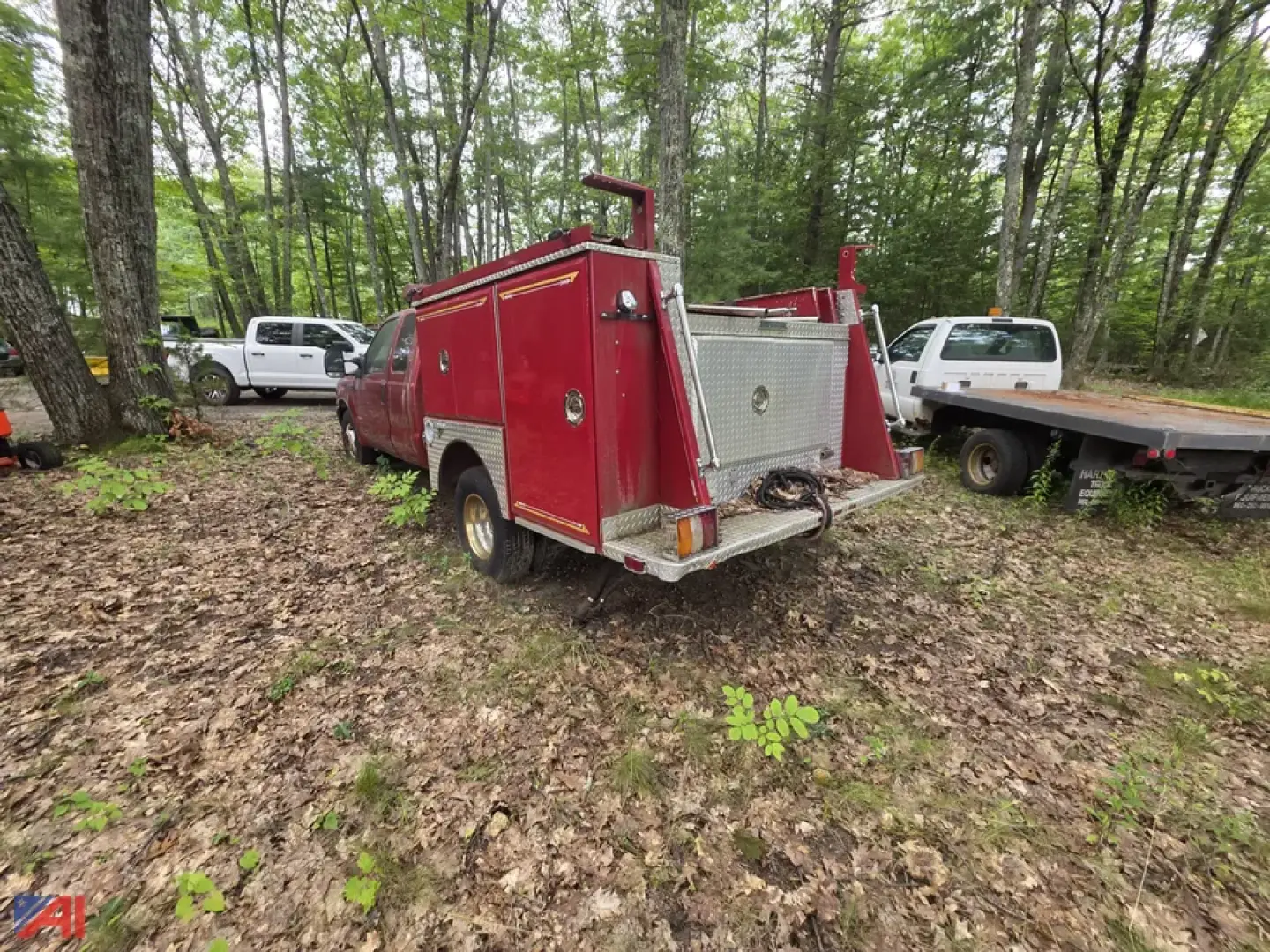 Ford F-350 Super Duty mini pumper fire truck rear view showing red body with equipment compartments and silver rear step area.